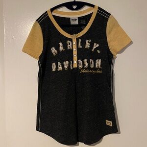 EUC Harley-Davidson Women’s Henley T-shirt || Grey & Orange || Small.